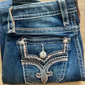 Rock Revival Blue Boot Cut Jeans with Embroidered Pocket